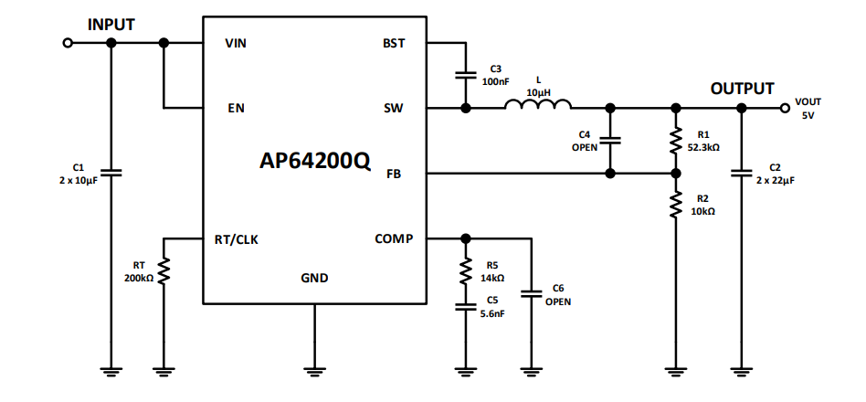 Application Circuit Diagram - Diodes Incorporated AP64200Q Automotive Synchronous Buck Converter Application Circuit Diagram - Diodes Incorporated AP64200Q Automotive Synchronous Buck Converter